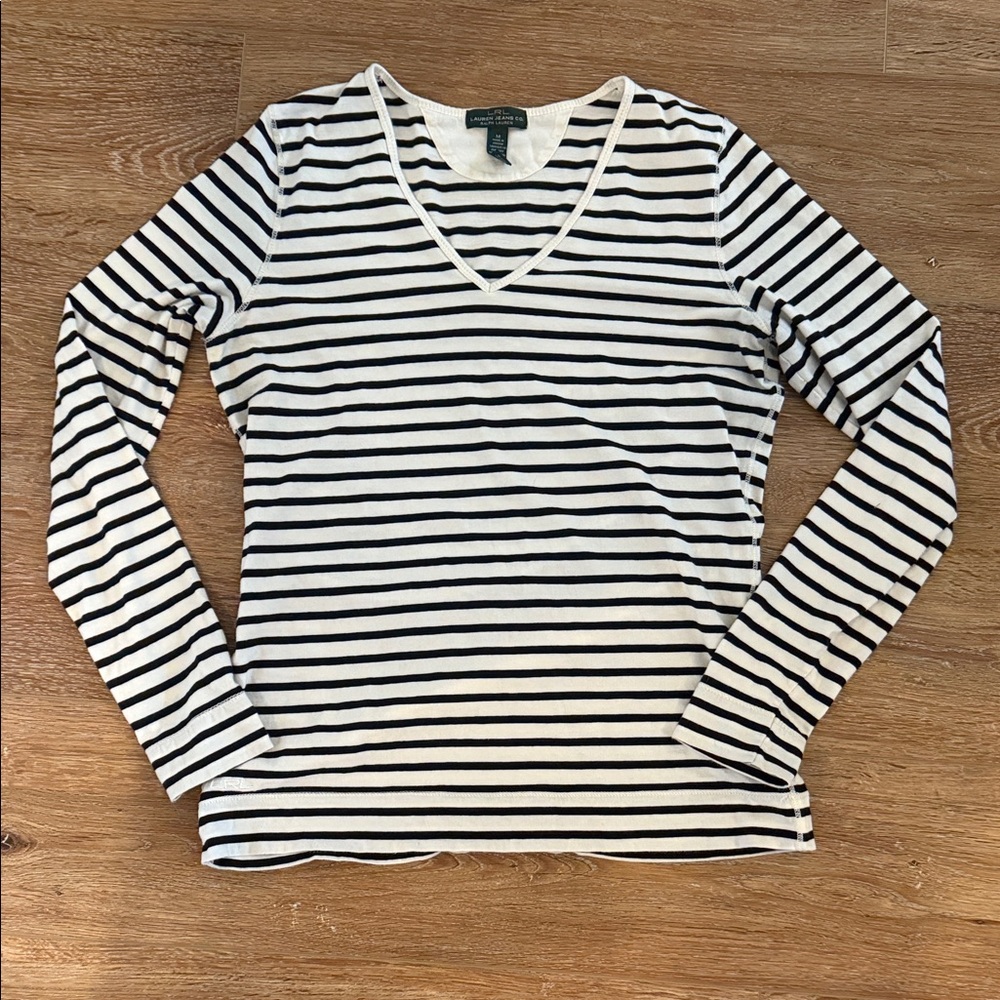3/$20  Ralph Lauren Black and Off White Striped Long Sleeve Tee Preppy Staple